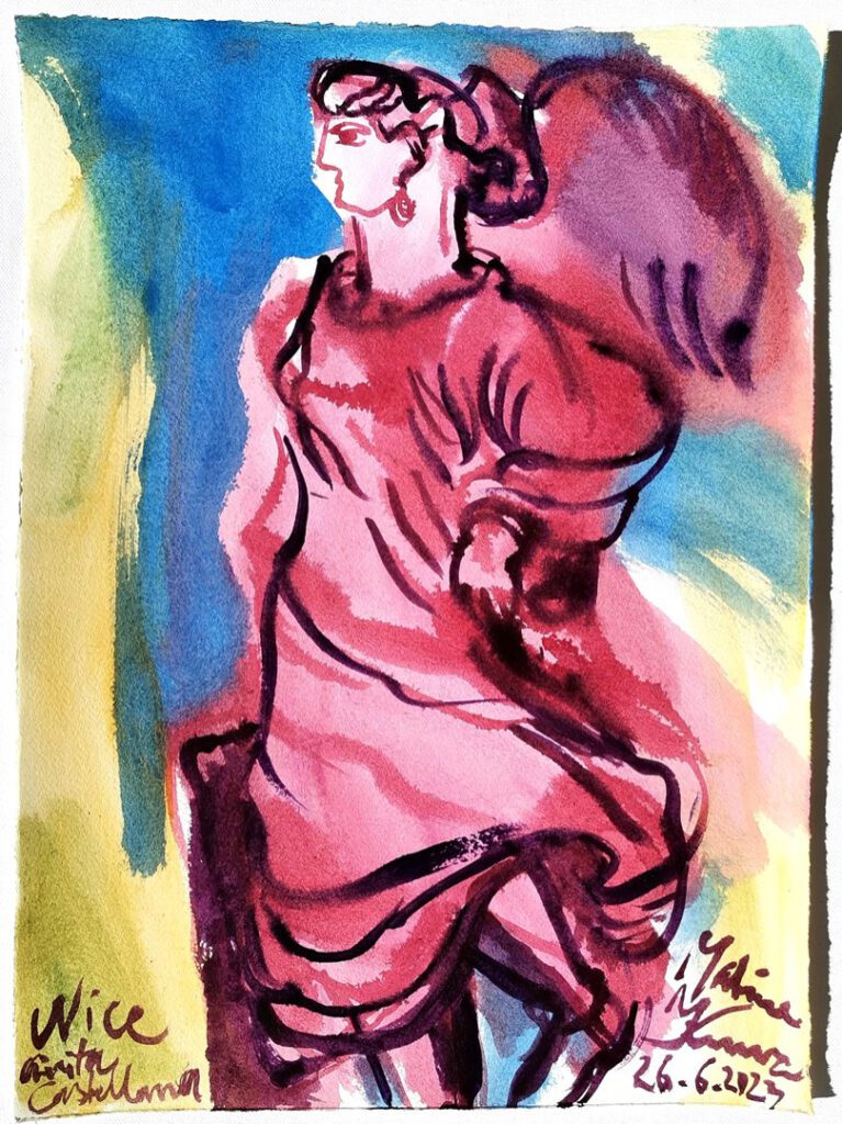Friedensgöttin Nice Civita Castellana, Acryl auf Büttenpapier, 53 x 39cm. © 2023 Sabine Kunz